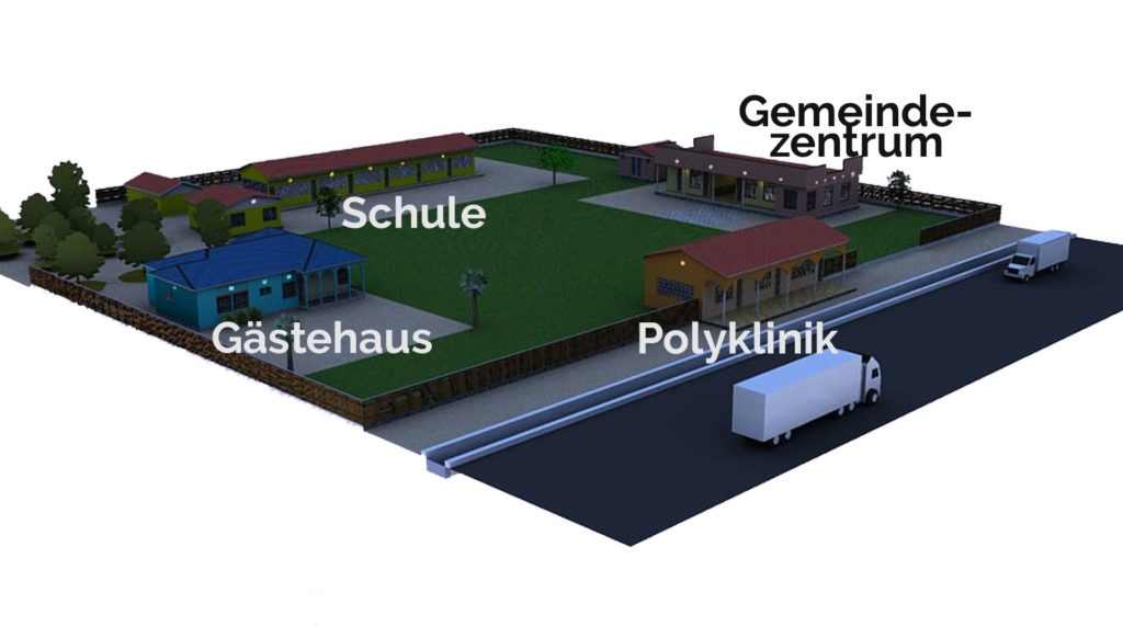 Bauplanung Gelände Quinze mit mehreren Gebäuden.